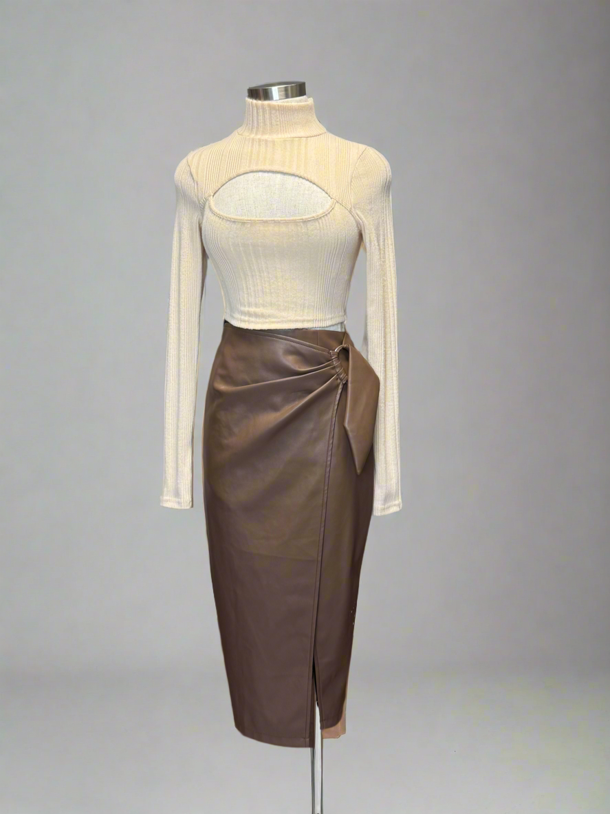 Chocolate Faux Leather Midi with Belt Detail