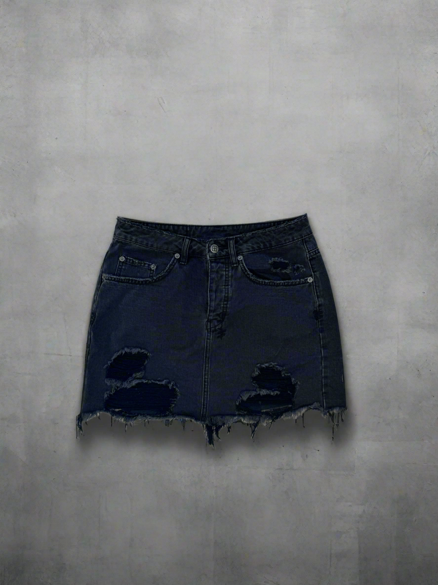 Black Distressed Detail Mini Denim Skirt