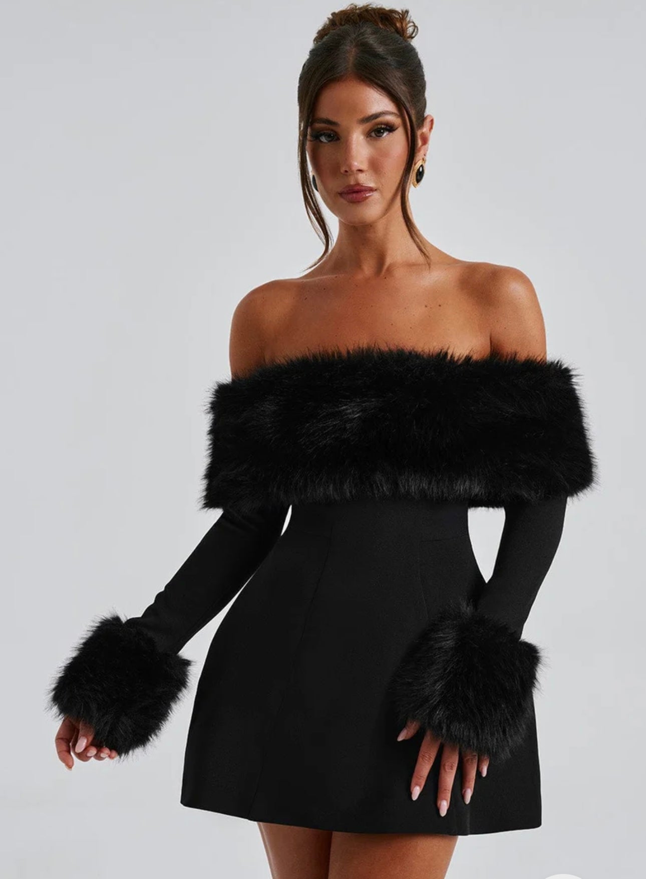 Fur Trim Mini Dress