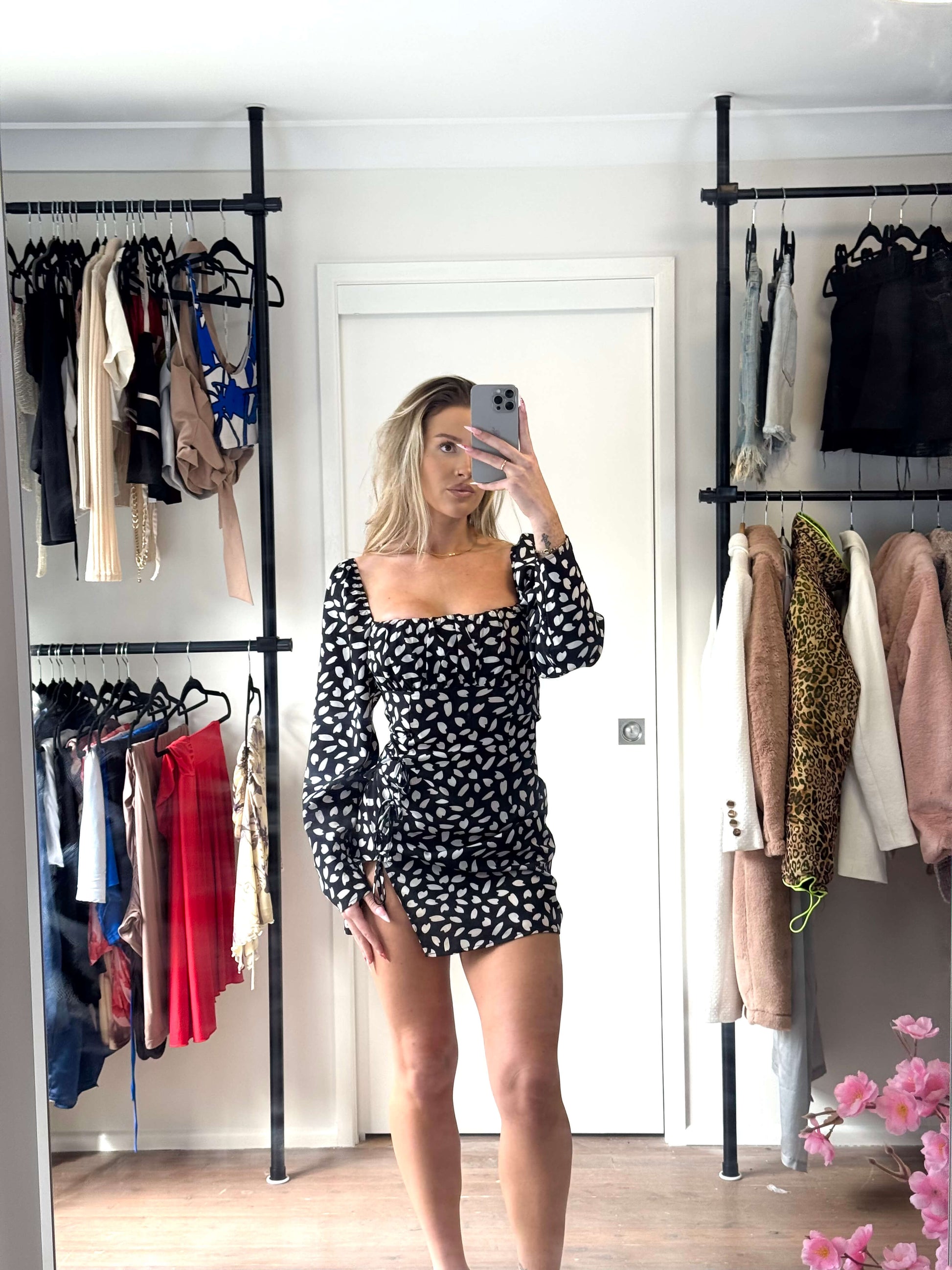 Patterned Puff Sleeved Mini Dress